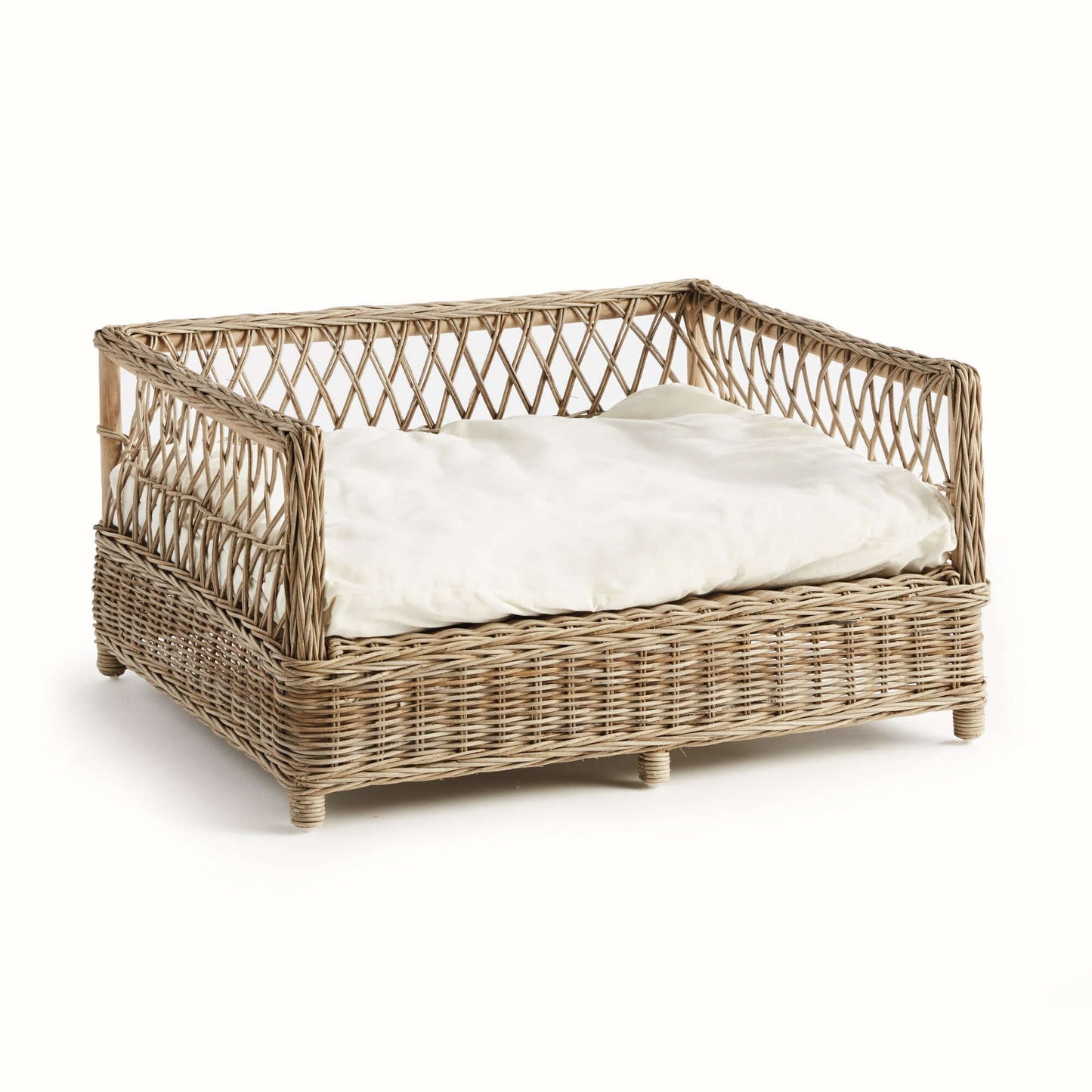 Large Vintage Woven Rattan Dog Bed with Cushion