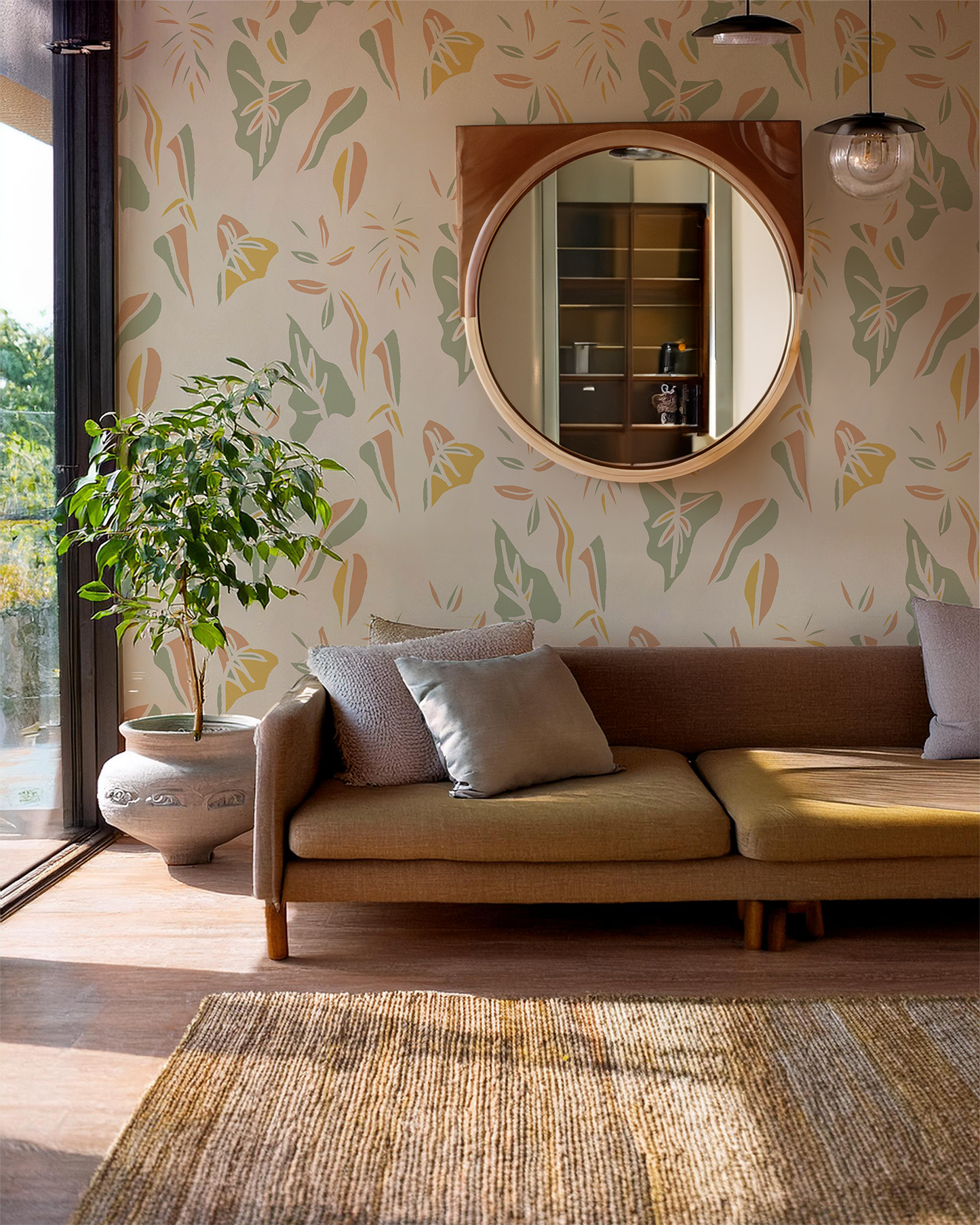 Block Print Foliage Wallpaper, tan and mint