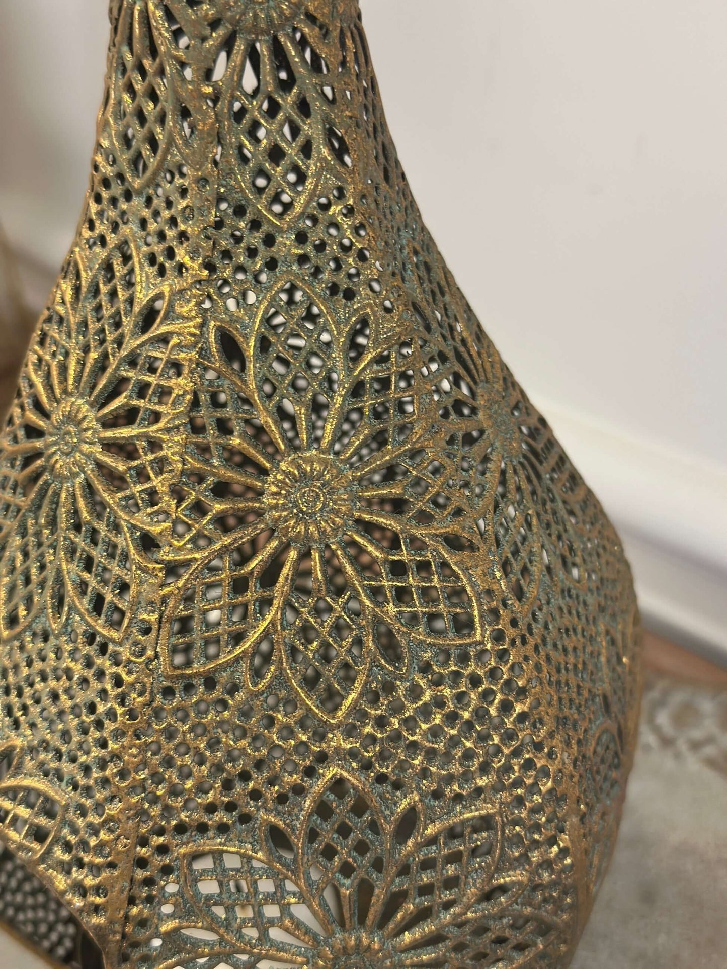 Vintage Brass Teardrop Lantern with Floral Filigree