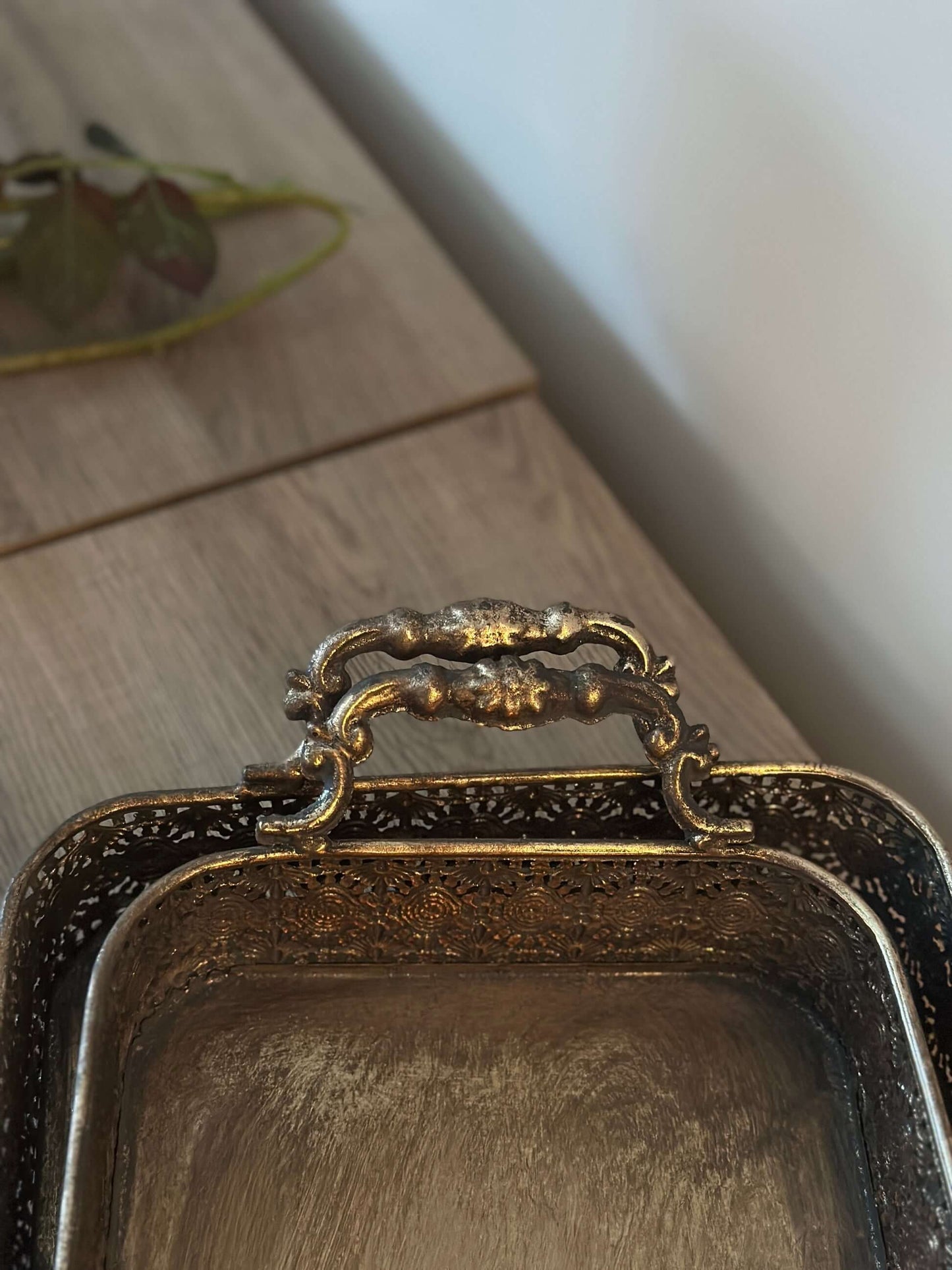 Antique Brass Filigree Serving Tray Set