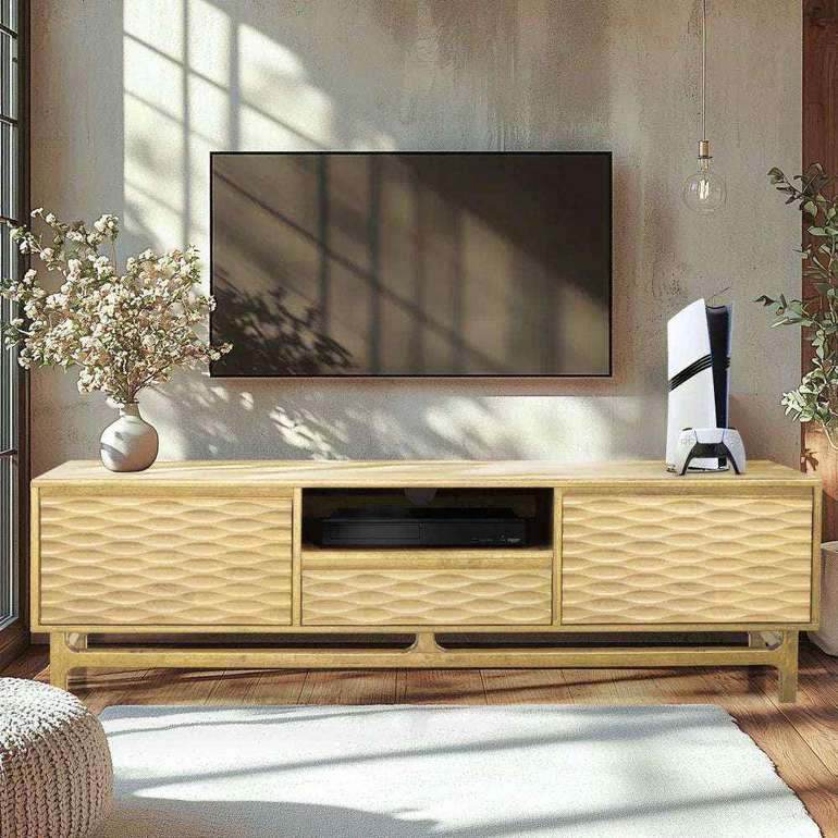 Acacia Elara Solid Wood TV Stand with Storage and Cable Management for TVs up to 80"