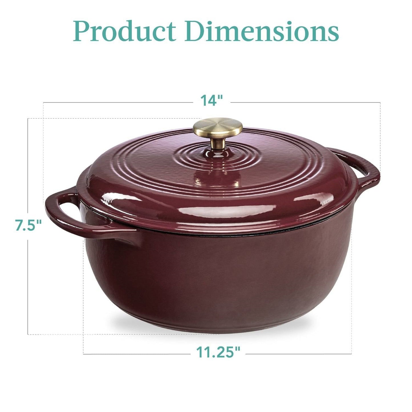 6 Quart Large Red Enamel Cast Iron Dutch Oven Cookware dimensions: 14" L x 11.25" W x 7.5" H.