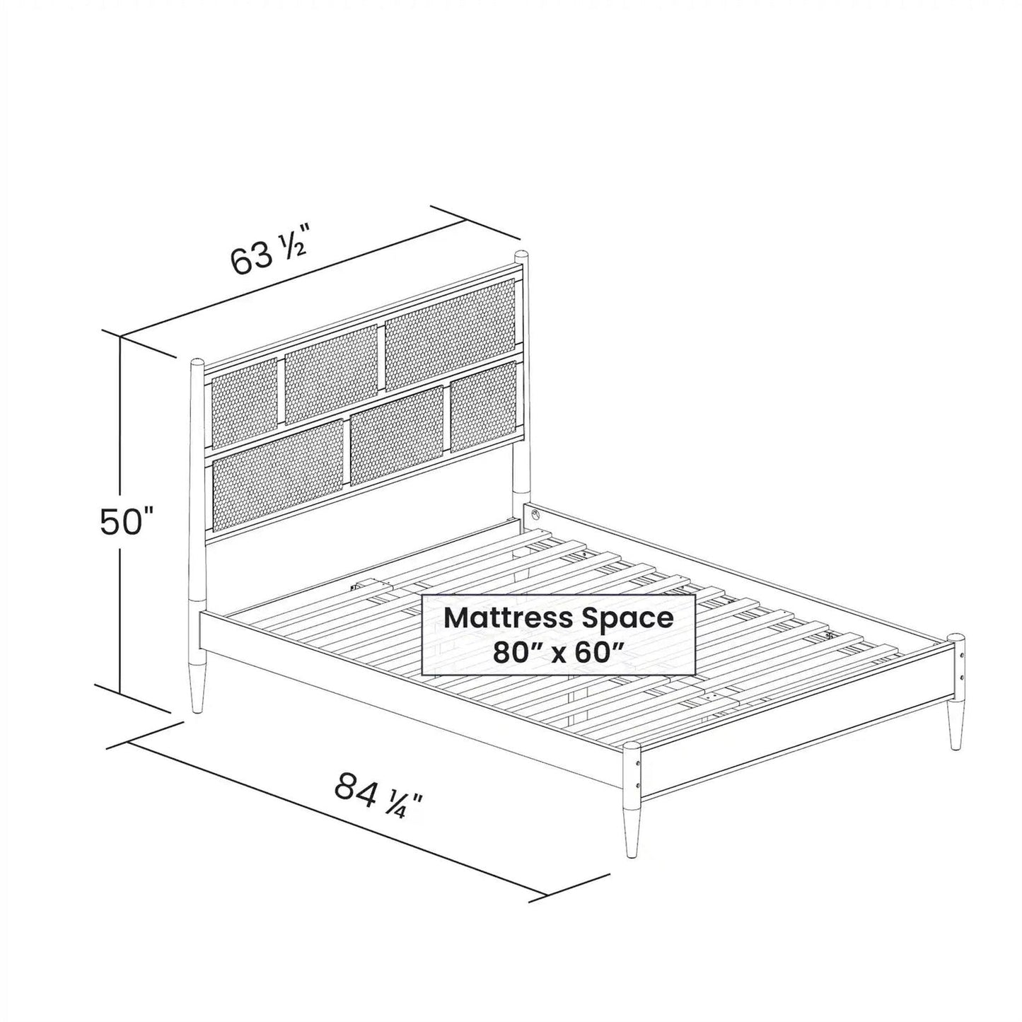 Queen Hardwood Platform Bed Frame Cane Paneling Headboard Walnut dimensions and mattress space illustration.