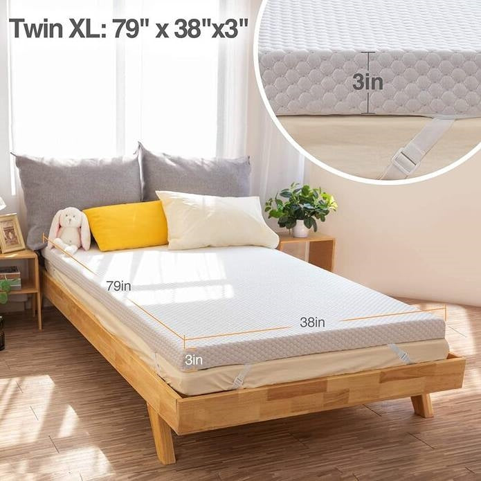 Mattress on a bed with dimensions labeled, in a bedroom setting.