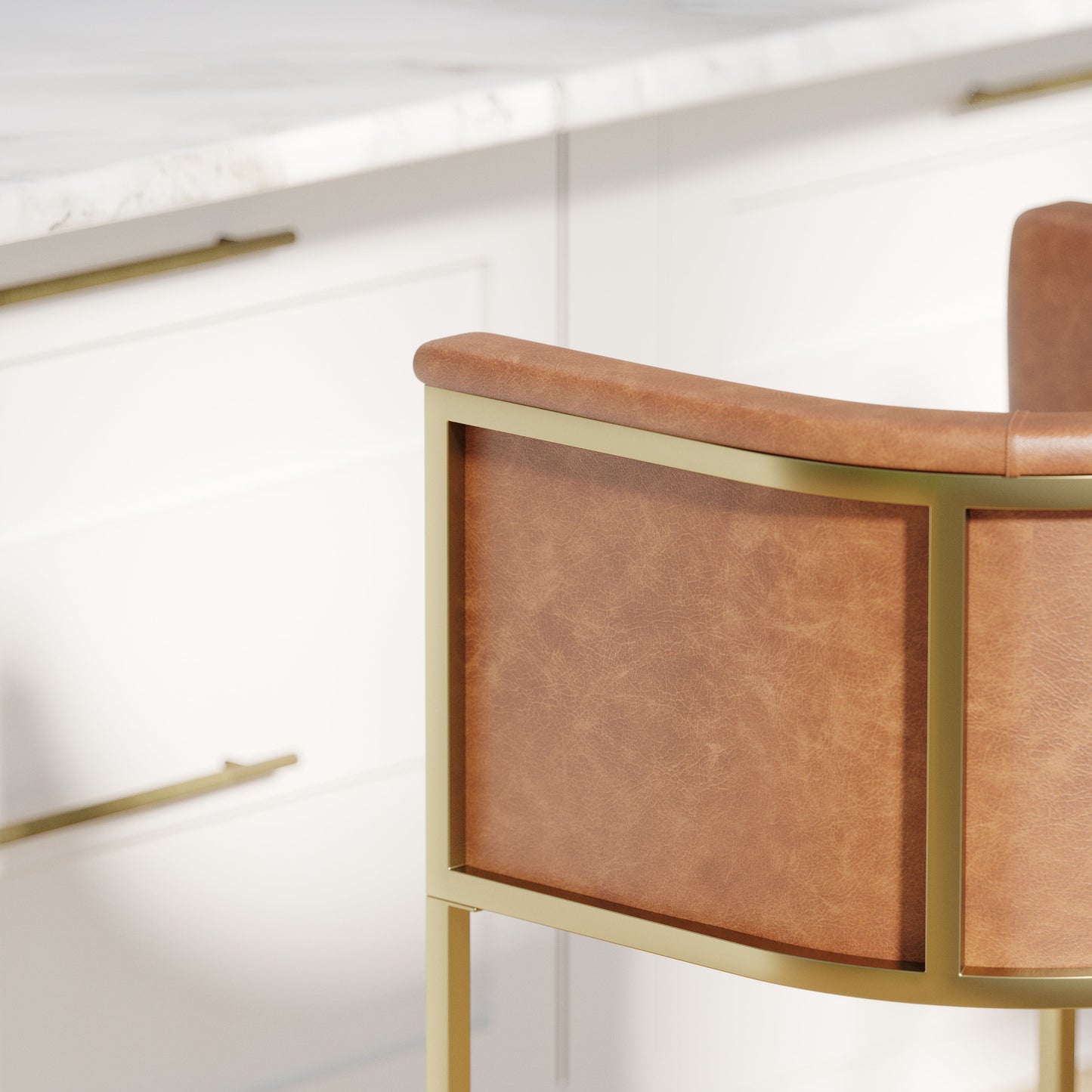Winston Barstool in Brown PU featuring brass accents and cushioned seat in a kitchen setting.