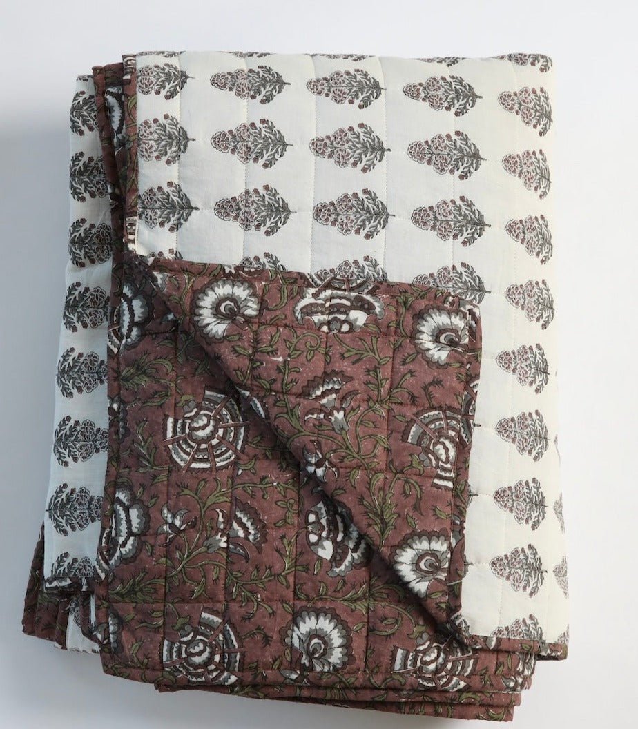 Ruby Cotton Block Print Quilted Coverlet