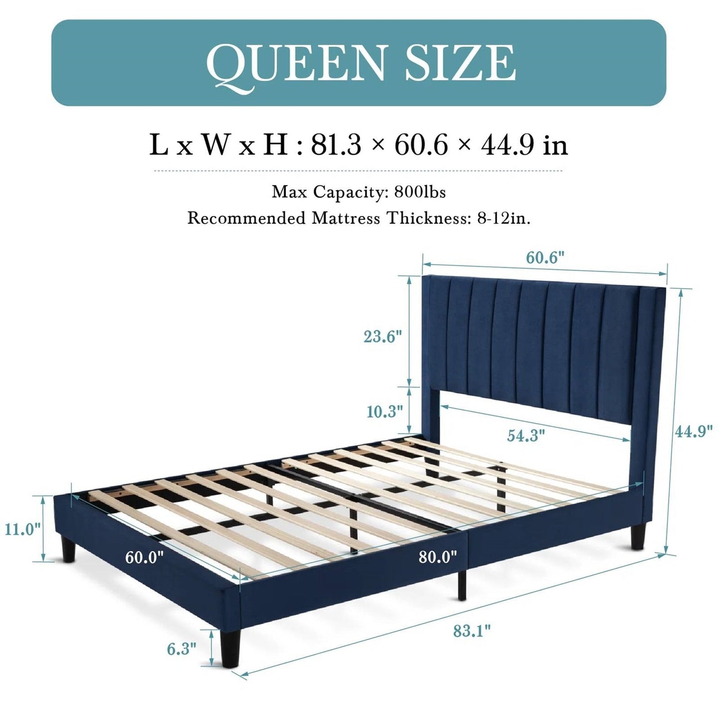 Queen size Modern Navy Blue Velvet Upholstered Platform Bed with Headboard