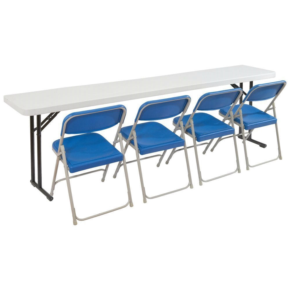 Long white table with six blue chairs on a white background