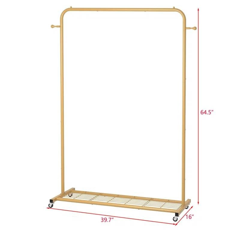 Gold clothing rack with dimensions on a white background