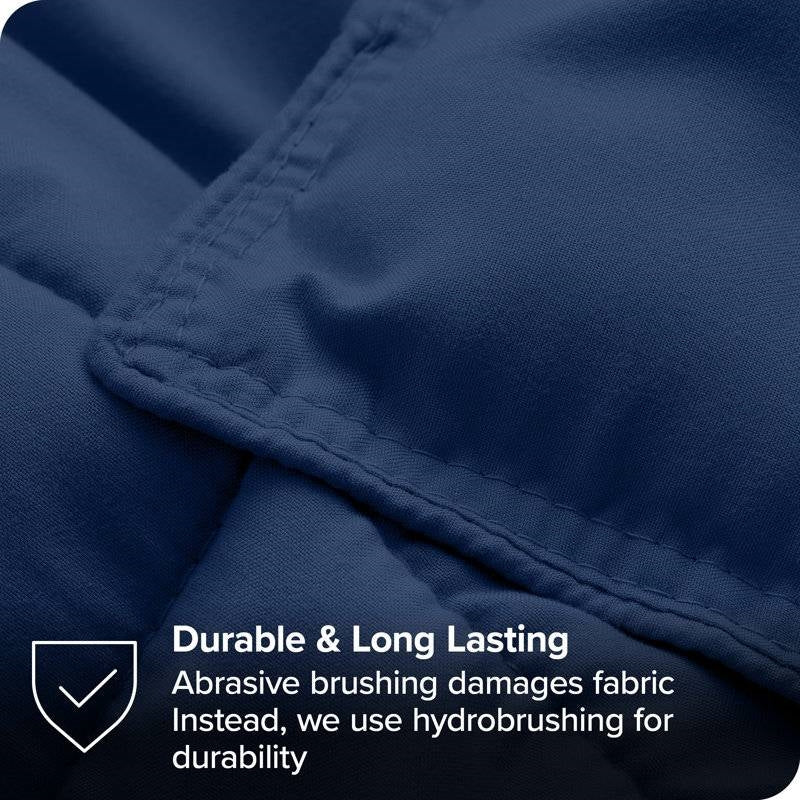 Navy blue fabric with hydrobrushing technique and durability text overlay
