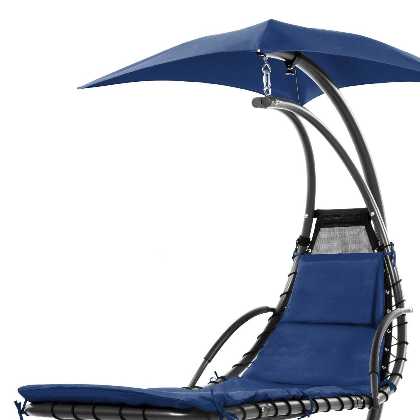 Navy Single Sturdy Modern Chaise Lounger Hammock Chair Swing with canopy and cushion for outdoor relaxation.