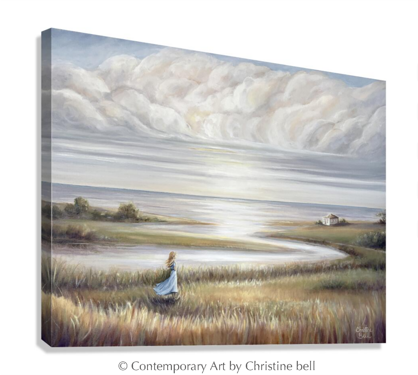 "In Her Own World" GICLÉE PRINT Landscape Oil Painting, Coastal Seascape Beach Figurative w/ Girl 30x24"