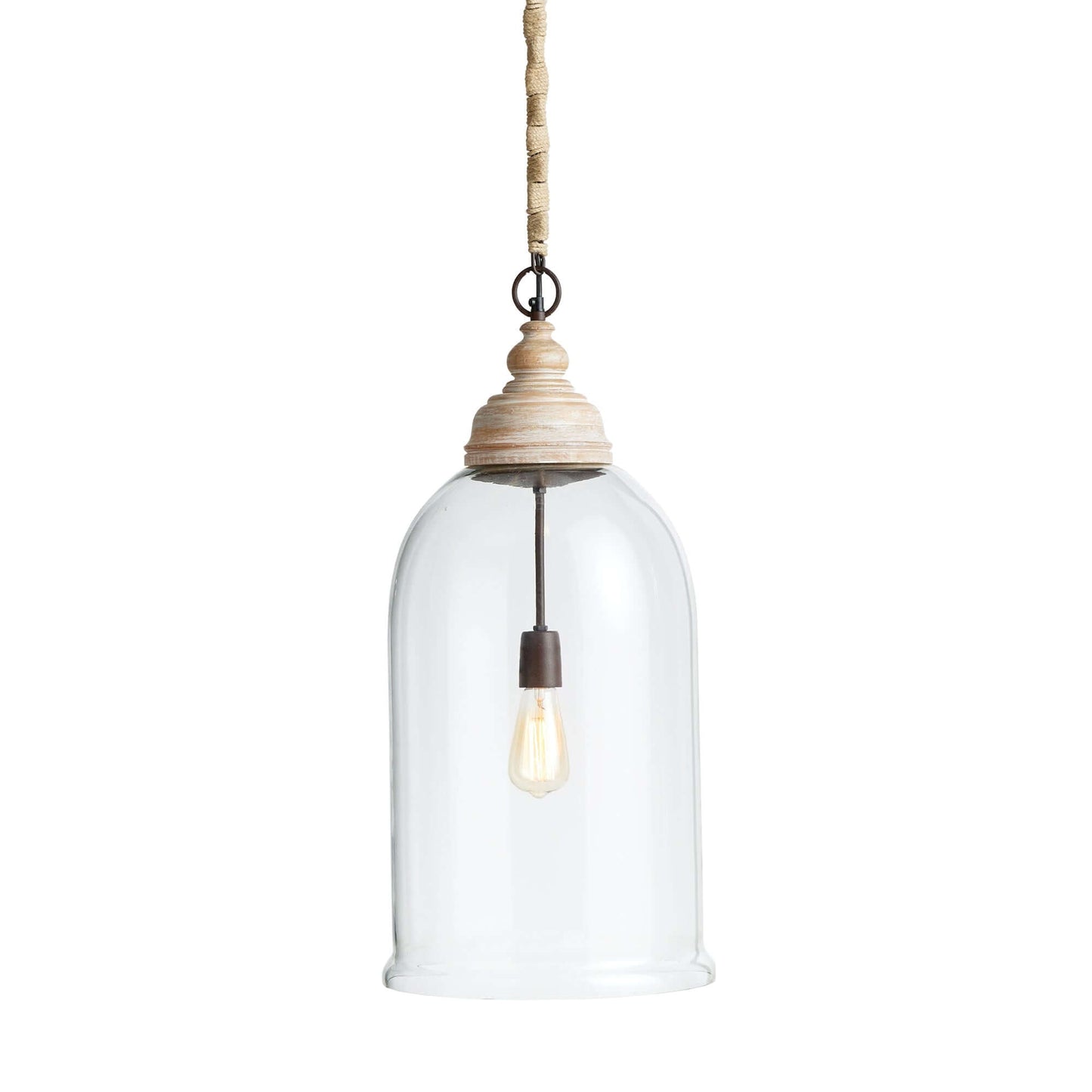 Oversized Glass Cloche Pendant Light with Wood Accent