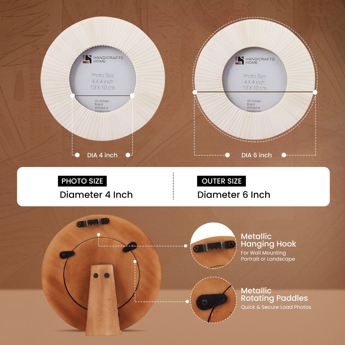4x4 White Striped Round Picture Frame- Bone Inlay