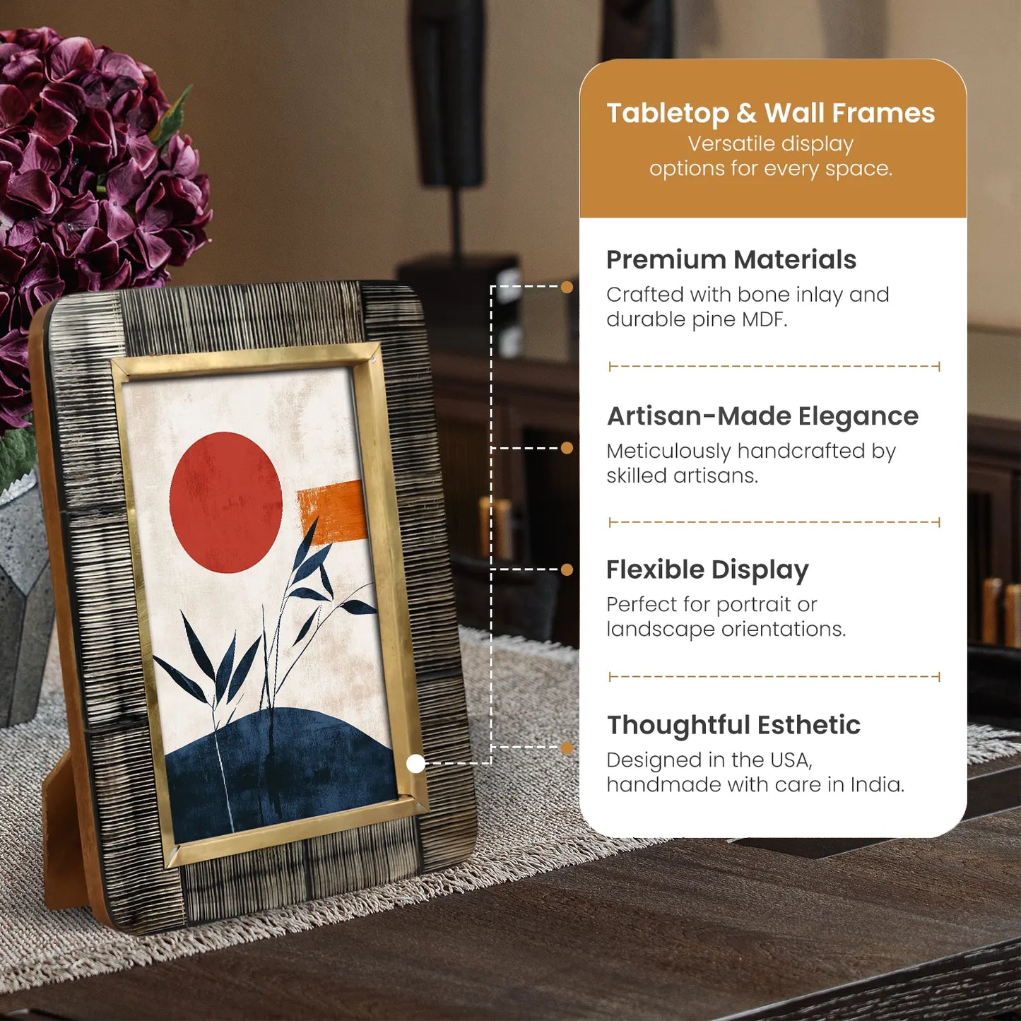 Horn Inlay Shagrin Picture Photo Frames Brown - Rounded Corners, 4x6 5x7