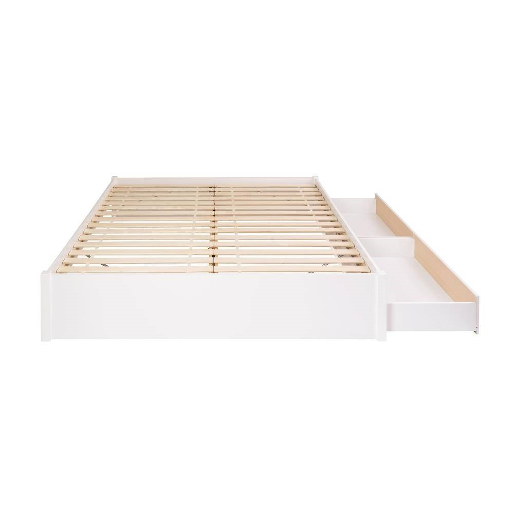 King Size 2 Drawer Storage White Wooden 4 Post Platform Bed Frame