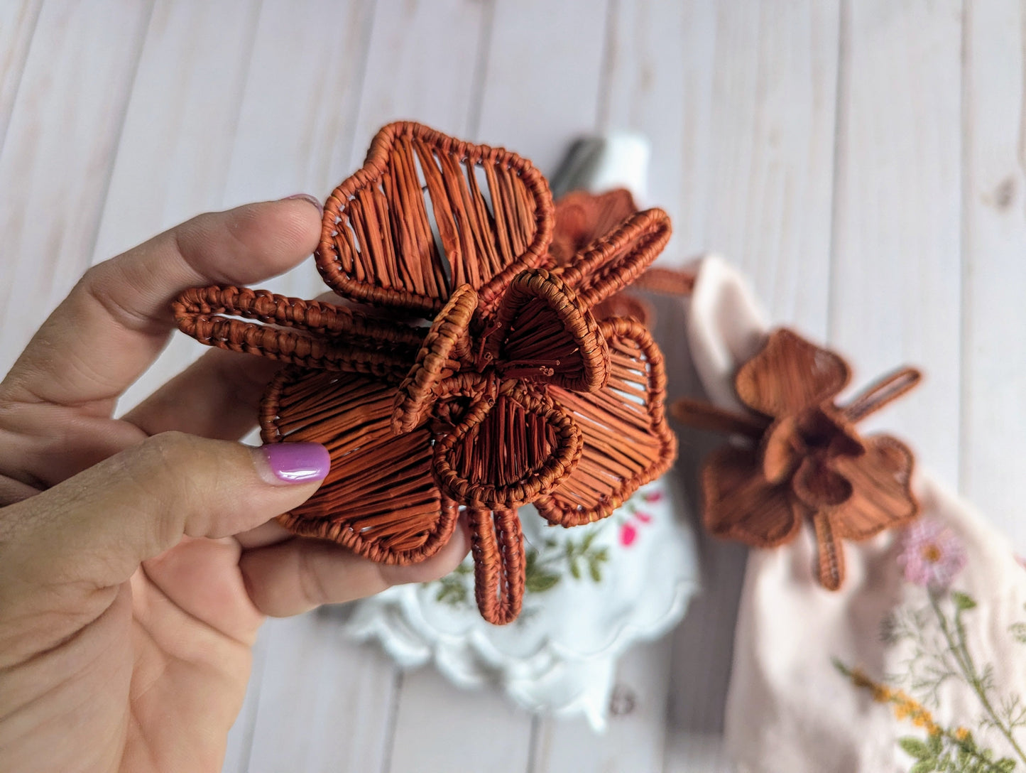 Handwoven Orchid Iraca Palm Napkin Ring in Burgundy