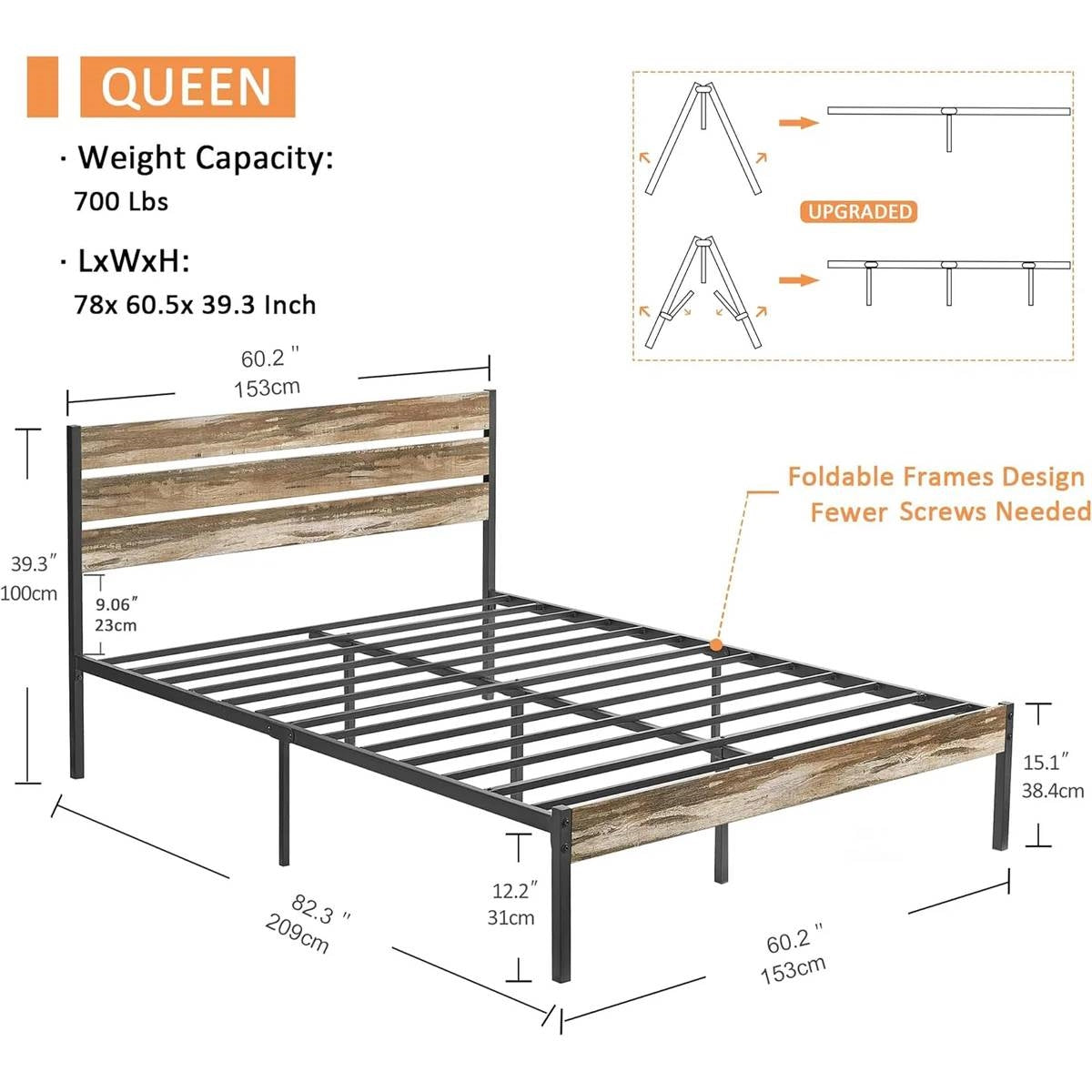 Queen-sized bed frame with dimensions and features on a white background