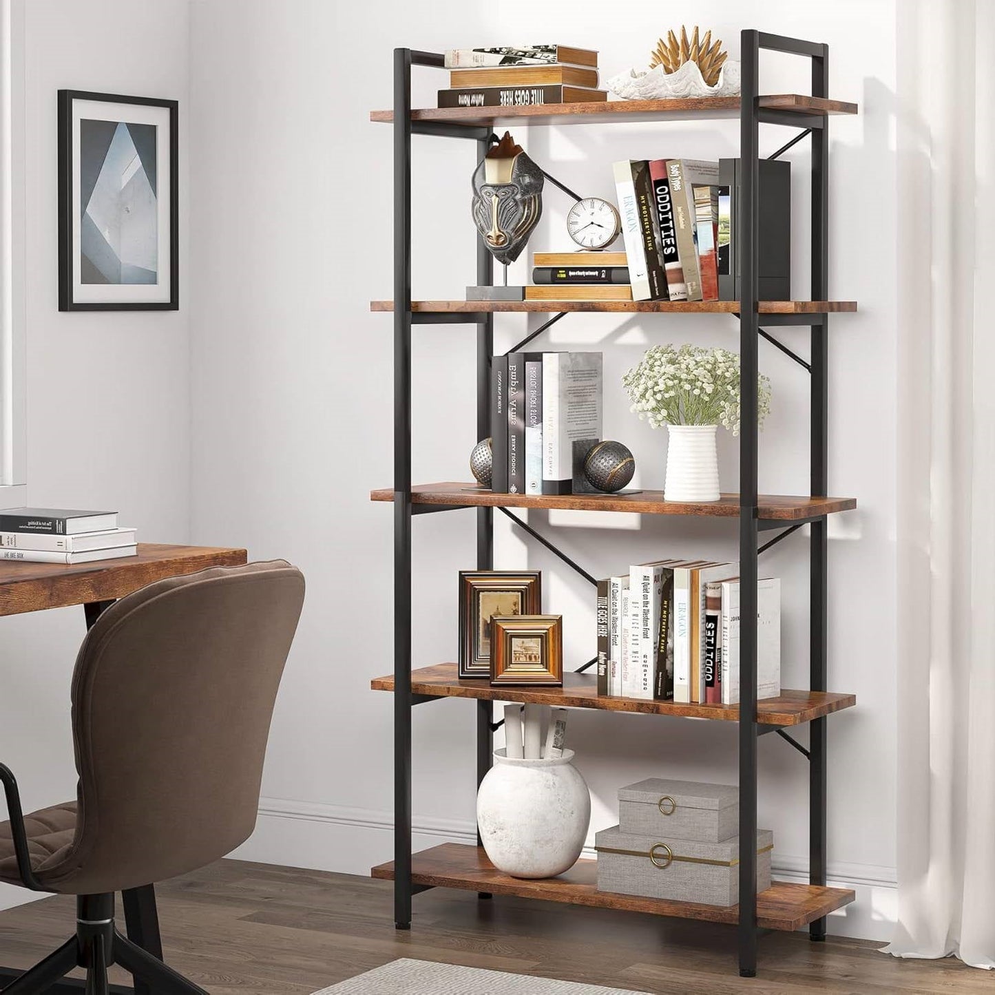 Modern Industrial 5-Shelf Bookcase with Sturdy Metal Frame and Wooden Shelves