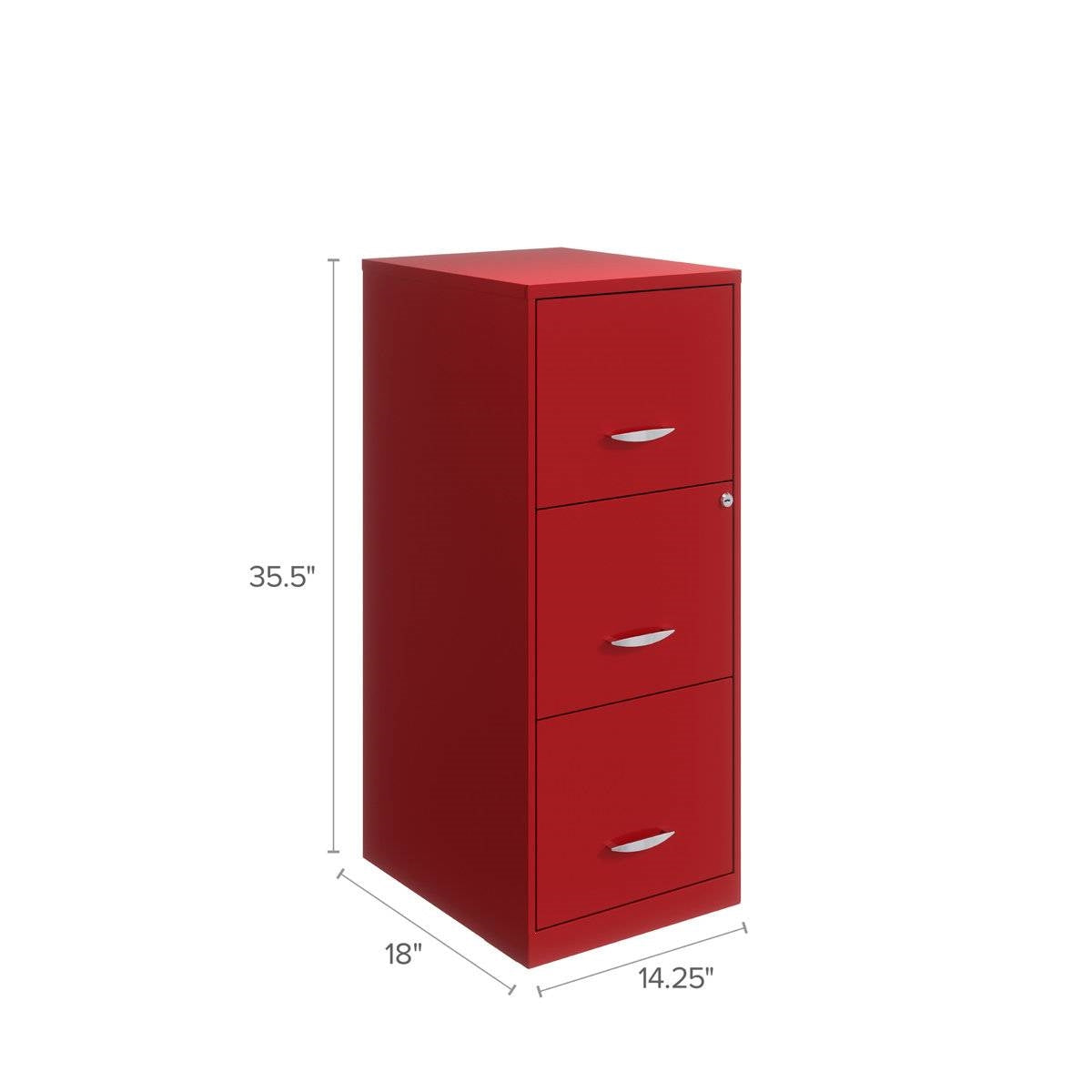Red Metal 3-Drawer Vertical Key Locking Filing Cabinet with three drawers and locking mechanism.