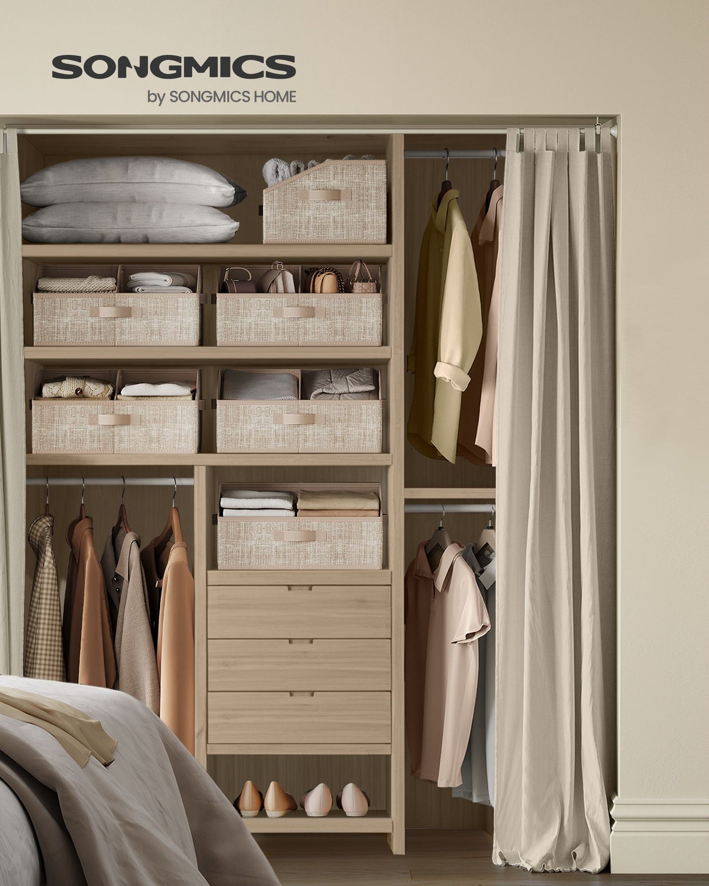 Set of 6 Storage Baskets, Foldable Storage Bins, Fabric Boxes, 15.7 x 11.8 x 7.9 Inches, Closet Storage Organizers, 3 Handles, for Bedroom, Living Room, Sand Beige
