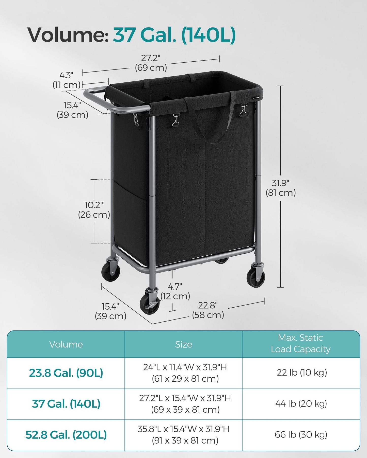 2-Section Laundry Basket with Wheels, 37 Gallons (140L)
