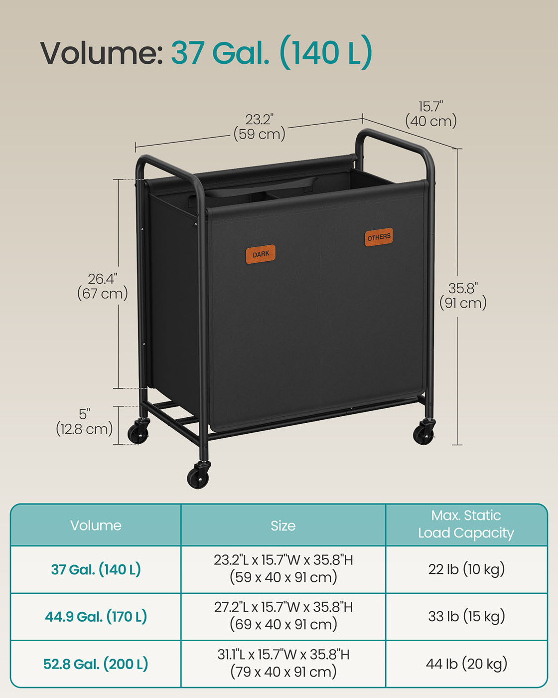 Laundry Hamper with Wheels 2-Section 37 Gal. Ink Black