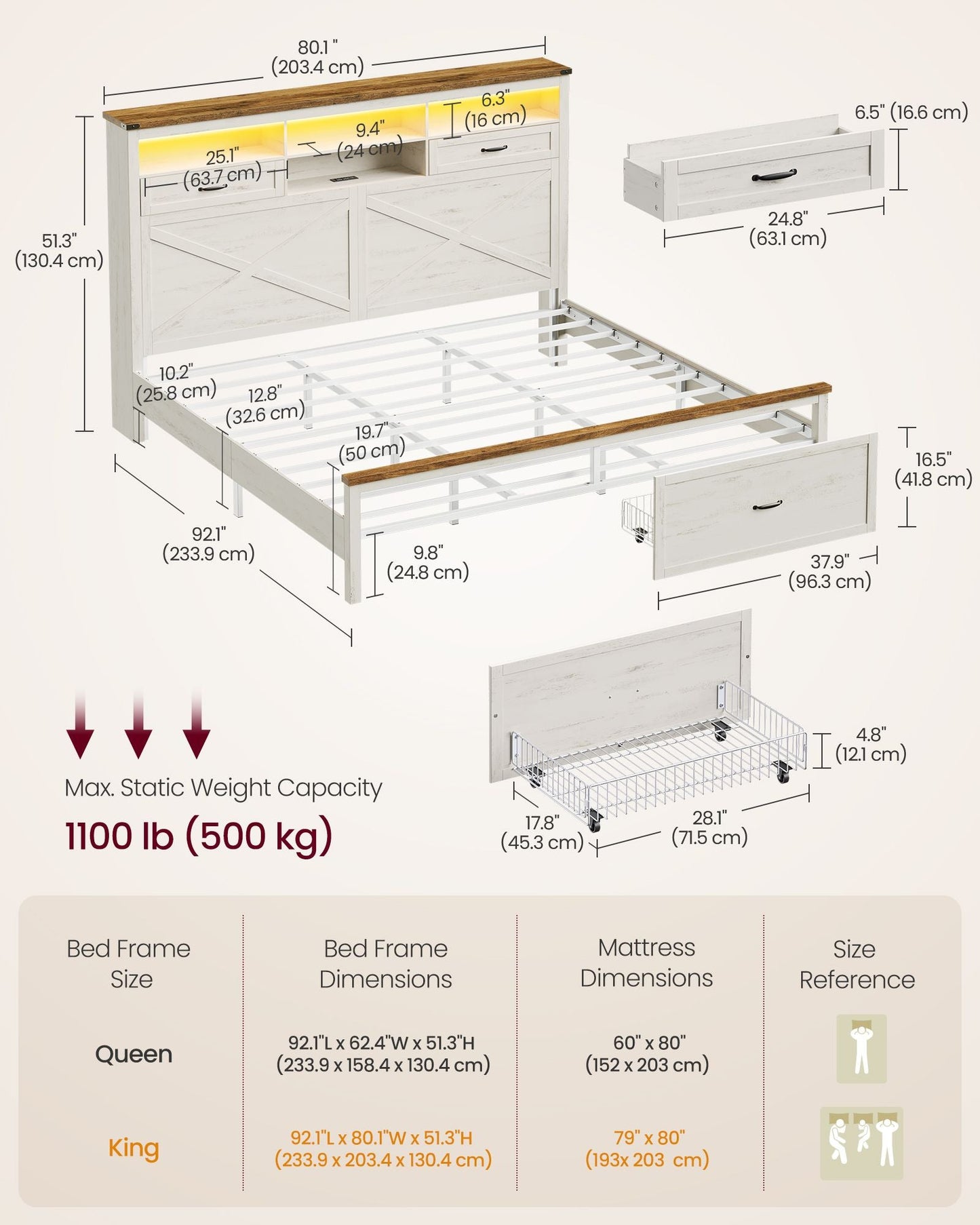 King Bed Frame with Storage Headboard