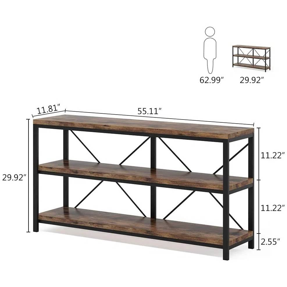 Industrial 55-inch Wood Shelf Console Sofa Table with Sturdy Black Metal Frame