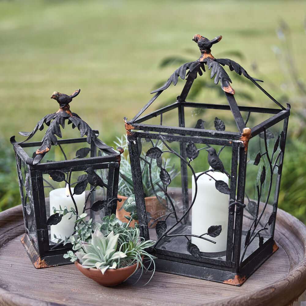 Rustic Lanterns with Birds and Leaf Scrollwork (Set of 2)