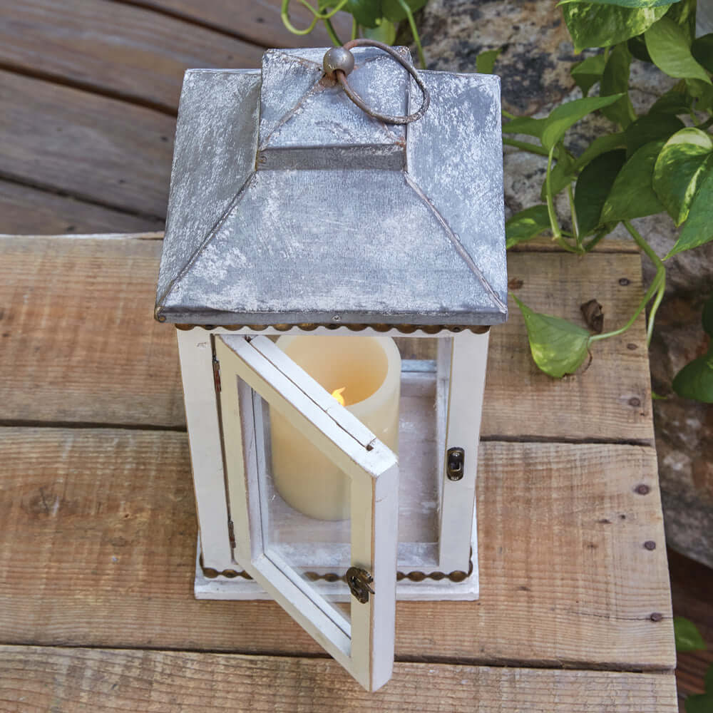 Rustic White Farmhouse Lantern with Brass Stud Detail