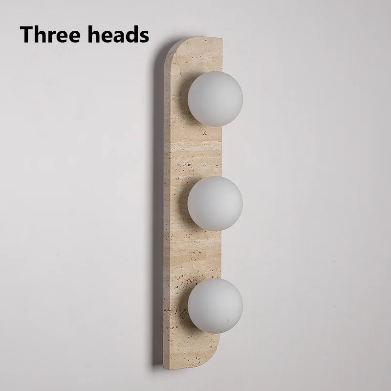 Retro Three-Head Natural Stone Art Wall Lamp - Yellow Travertine and White Glass Lampshade for Atmospheric Corridor Lighting