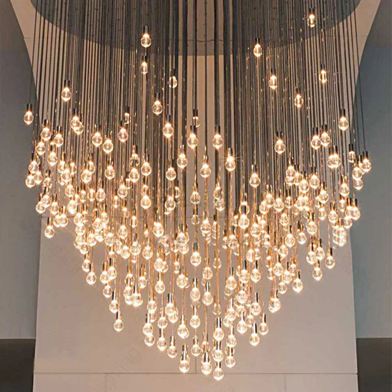 Exquisite Modern Long Staircase Chandelier - Large Gold LED Luxury Crystal Ball Fixture for Grand Living Spaces and Hotel Exhibitions