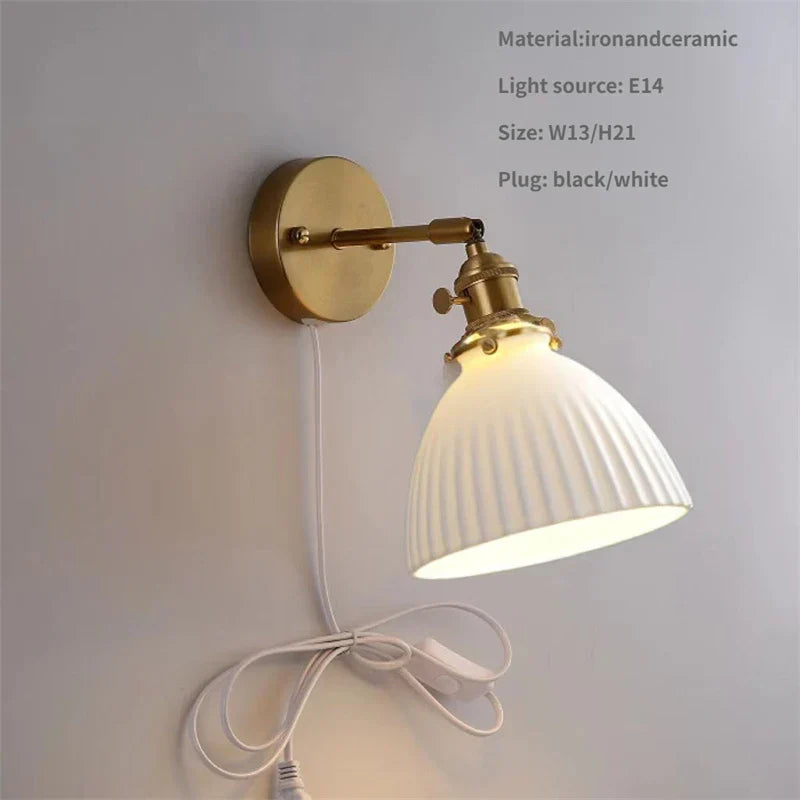 Rotary Brass Ceramic Wall Lamp with Pull Switch - Customizable LED Sconce for Bedroom and Interior Lighting