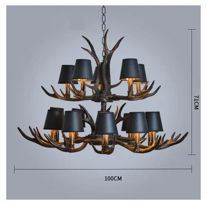American Industrial Antler Chandelier with Vintage Black Lampshade - Perfect for Dining Rooms, Villas, and Living Spaces