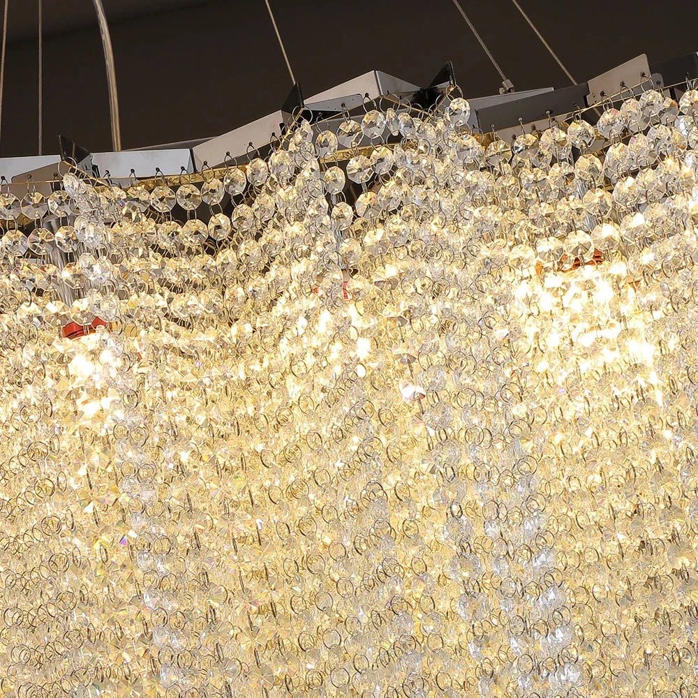 Luxurious Modern Crystal Chain Chandelier - A Dazzling Dining Room Centerpiece with Rectangle Design and LED Brilliance