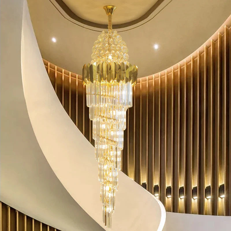Luxurious Interior Hall Stairwell Golden Chandelier - Modern Elegance with Clean Crystal Ball Accents and LED Lighting