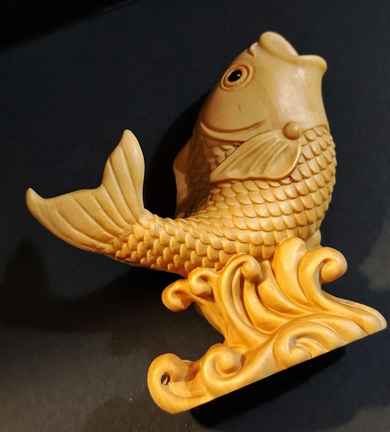 Q4686 - 6.7X 6.2 x 6.2 cm Hand Carved Boxwood Netsuke Figurine : Lovely Fish