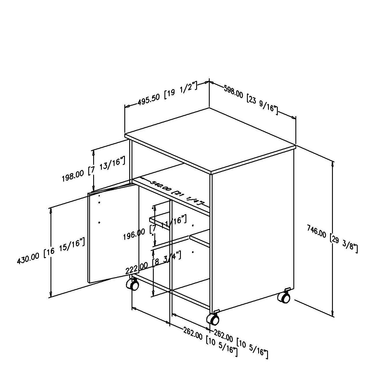 Technical drawing of a cabinet with dimensions labeled