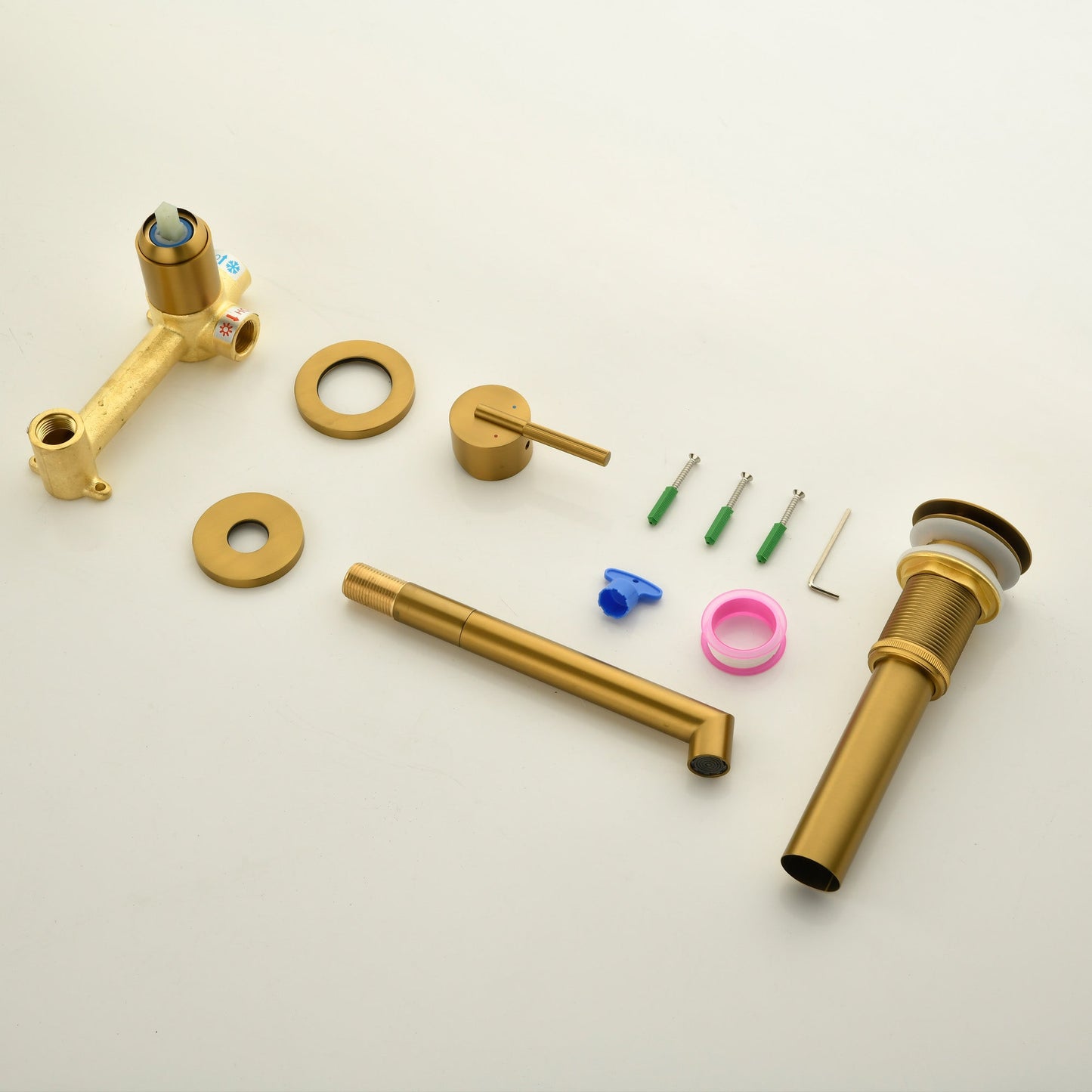 Brushed Gold Wall Mount Waterfall Bathroom Sink Faucet with Brass Pop-Up Drain