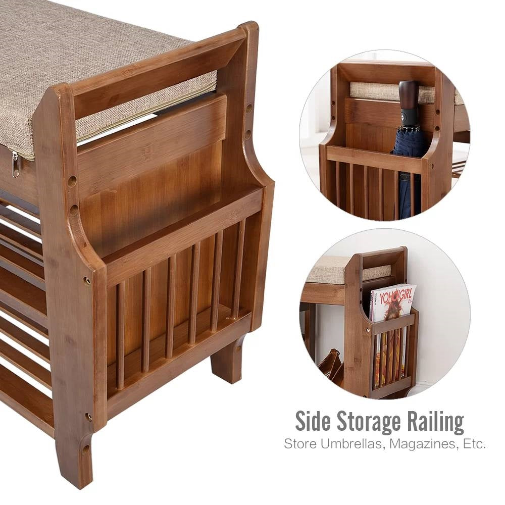 Wooden side storage railing with magazine rack and umbrella holder on a white background