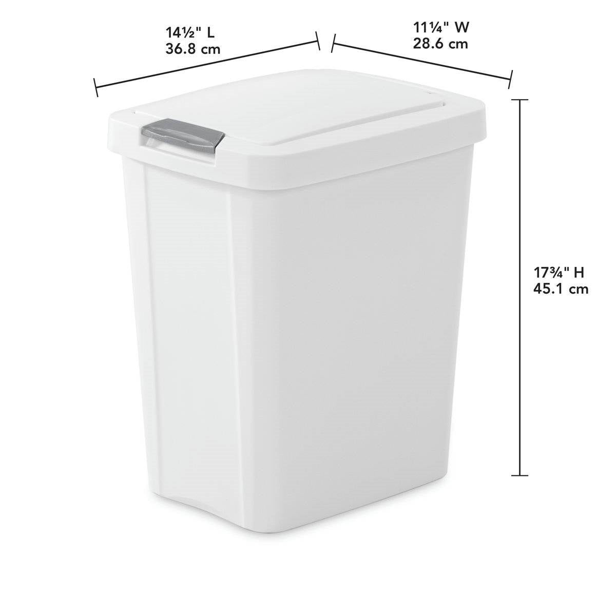 White trash bin with dimensions labeled on a white background