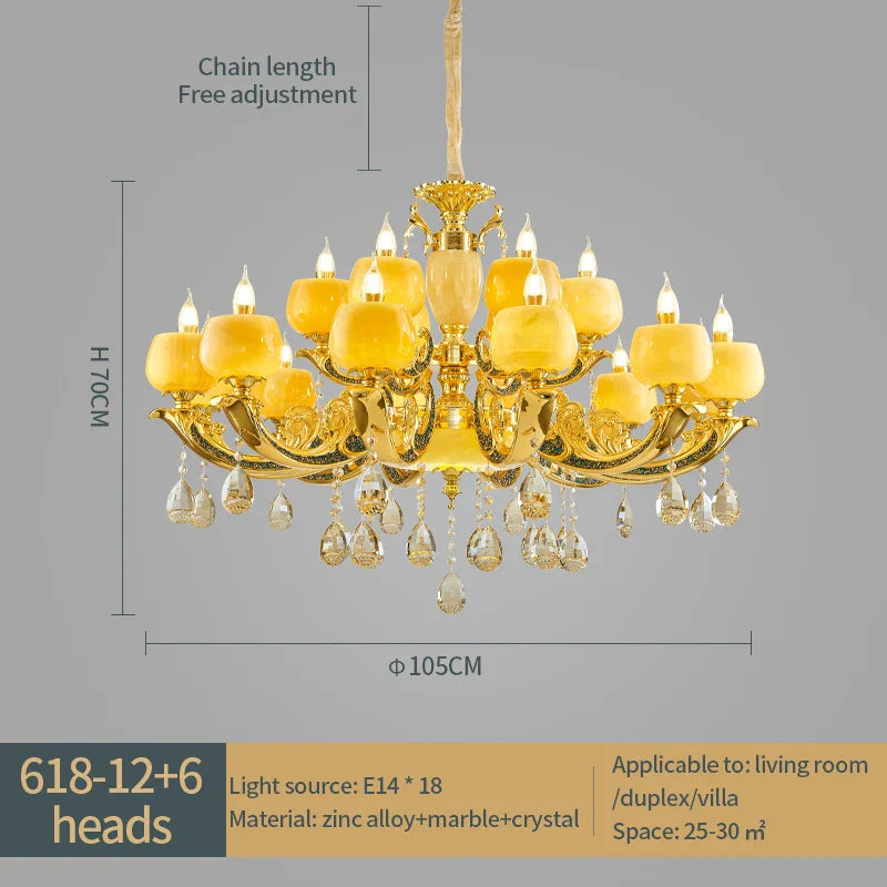 European Style Jade Crystal Chandelier - Luxury Lighting with Natural Marble Accents for Dining Rooms, Bedrooms, and Living Spaces