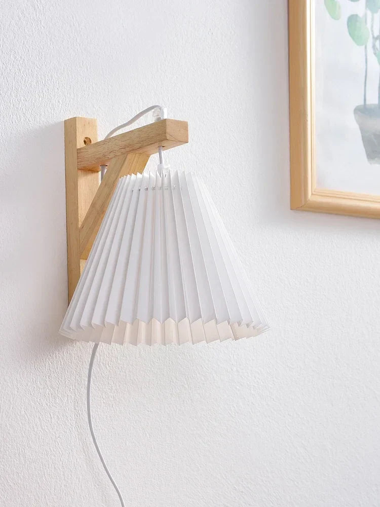 Nordic Pleated Solid Wood Wall Lamp with Plug - Simple and Stylish Lighting for Bedroom, Bedside, and Study
