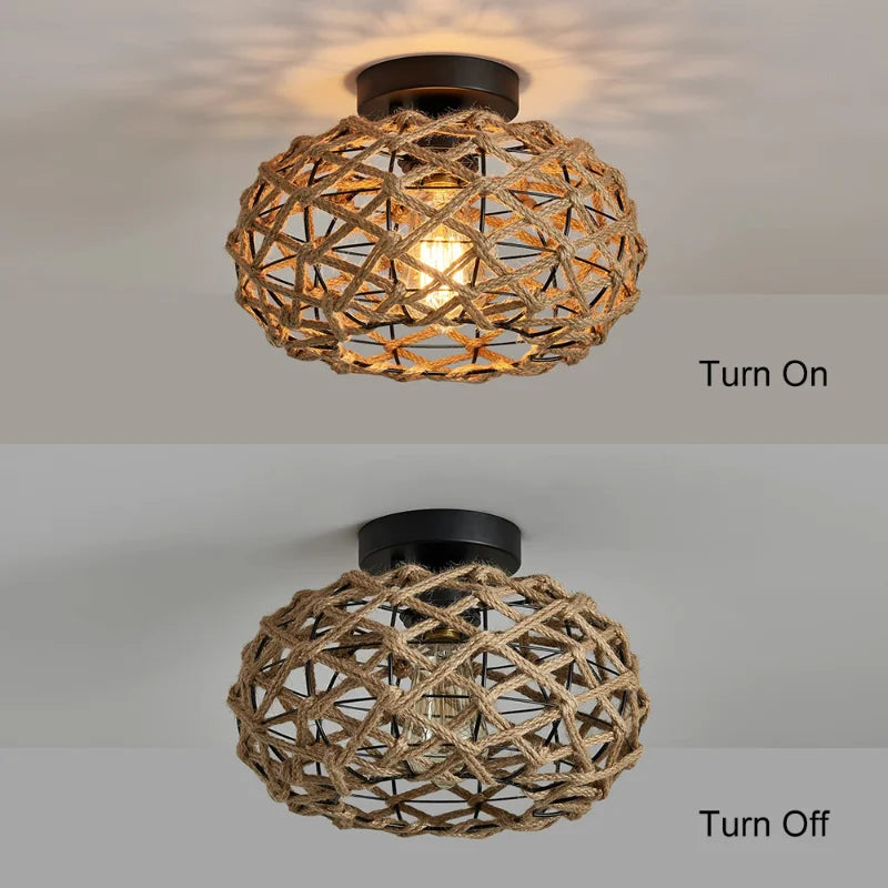 Boho Hemp Rope Cage Semi Flush Mount Ceiling Light - Rustic Elegance for Bedrooms and Beyond