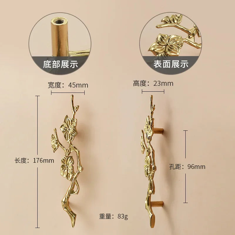 Luxury Brass Flower and Leaf Cabinet Handles – Chinese-Style Decorative Pulls for Wardrobes and Drawers