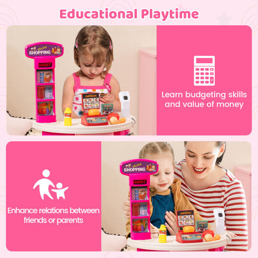 Supermarket Playset for Kids 76 PCS Pretend Play Grocery Store Set with Shopping Cart-Pink