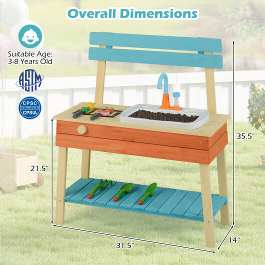 Kids Play Kitchen Set Wooden Kitchen Playset Chef Pretend Mud Kitchen-Blue