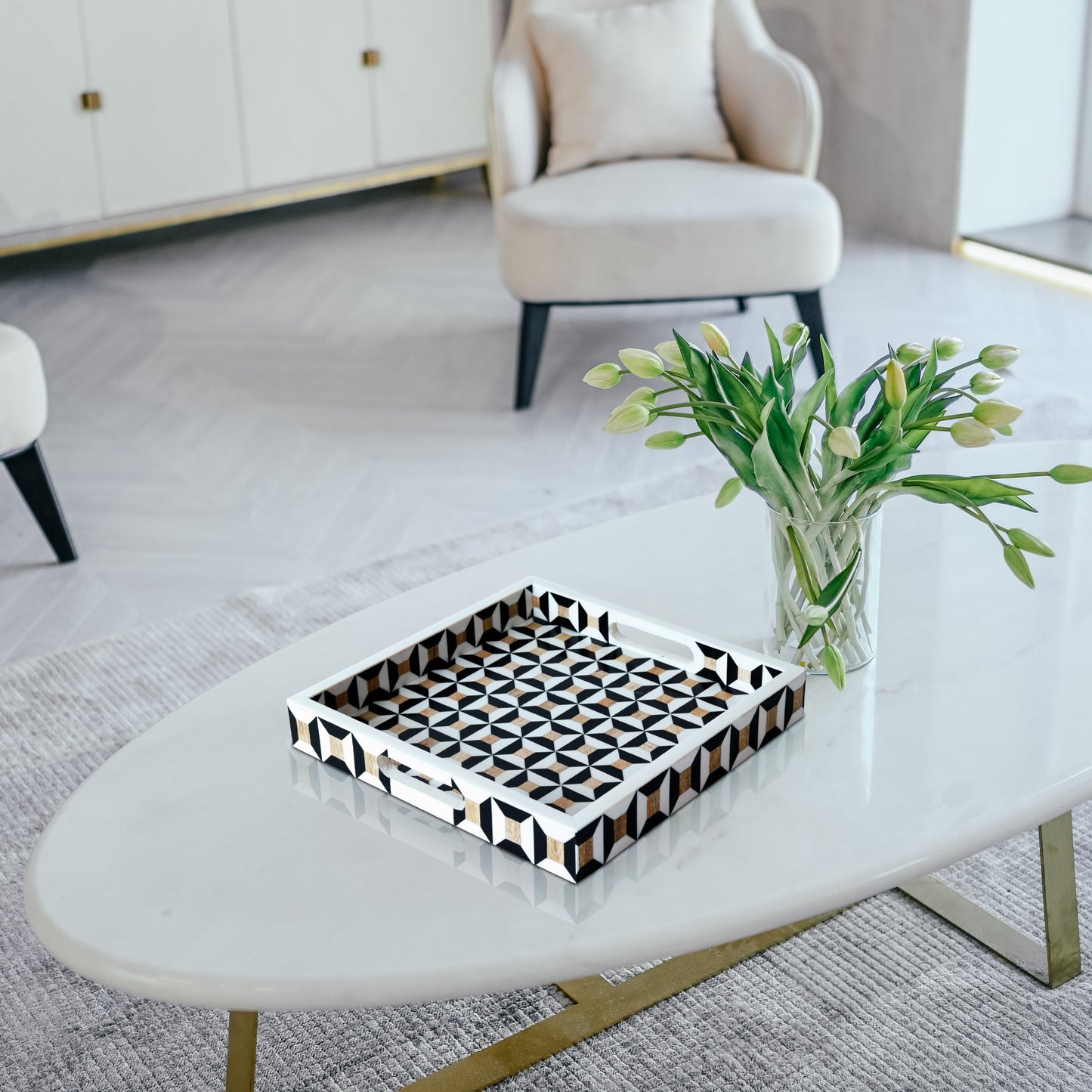 Discovery Cypher Decorative Tray 17x11 & 12x12 Black Ivory Ottoman