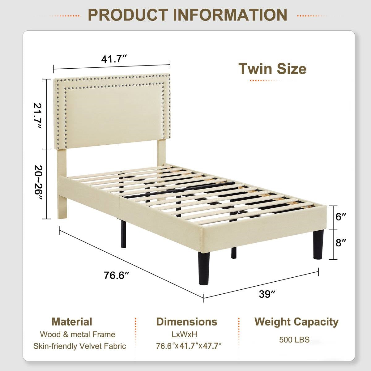 Twin Size - Set of 2 - Dorm Style Beige Tufted Upholstered Platform Beds